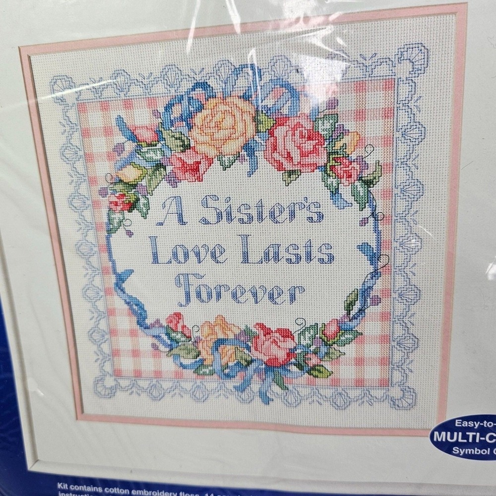 A Sisters Love Lasts Forever Counted Cross Stitch Kit Roses Gingham Sealed New - Picture 2 of 7